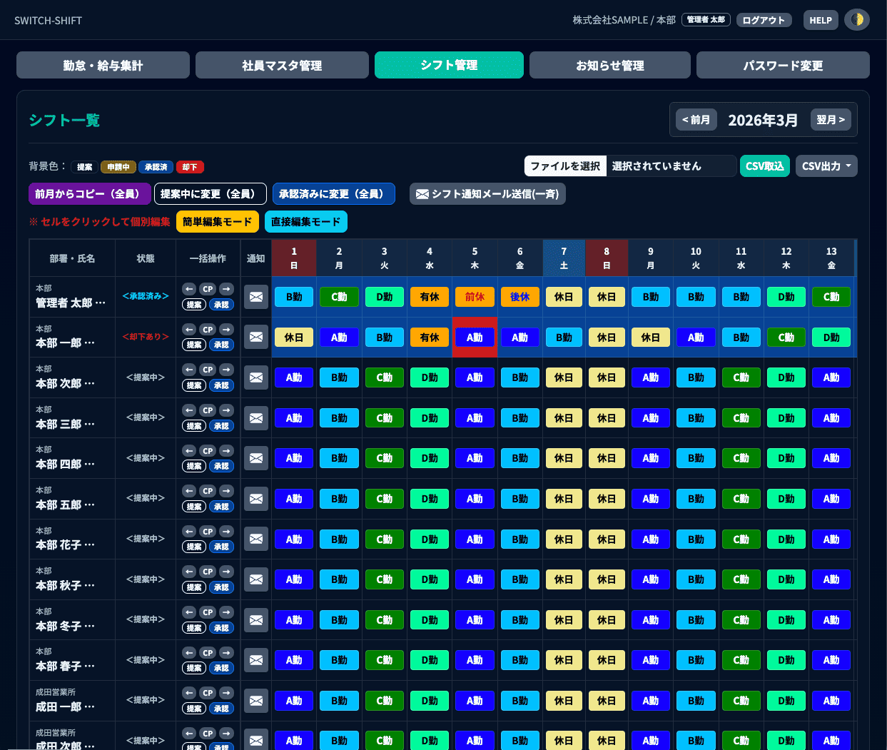 SWITCH-SHIFTの管理者シフト管理画面（PC版）